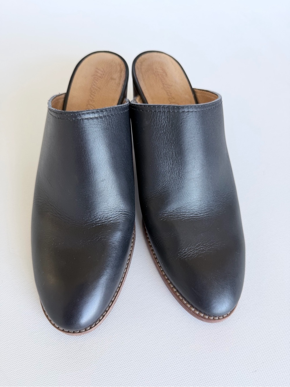 Madewell J8560 Black Leather Block Heel Mule Slides Pointed Toe 8.5 - Picture 2 of 11